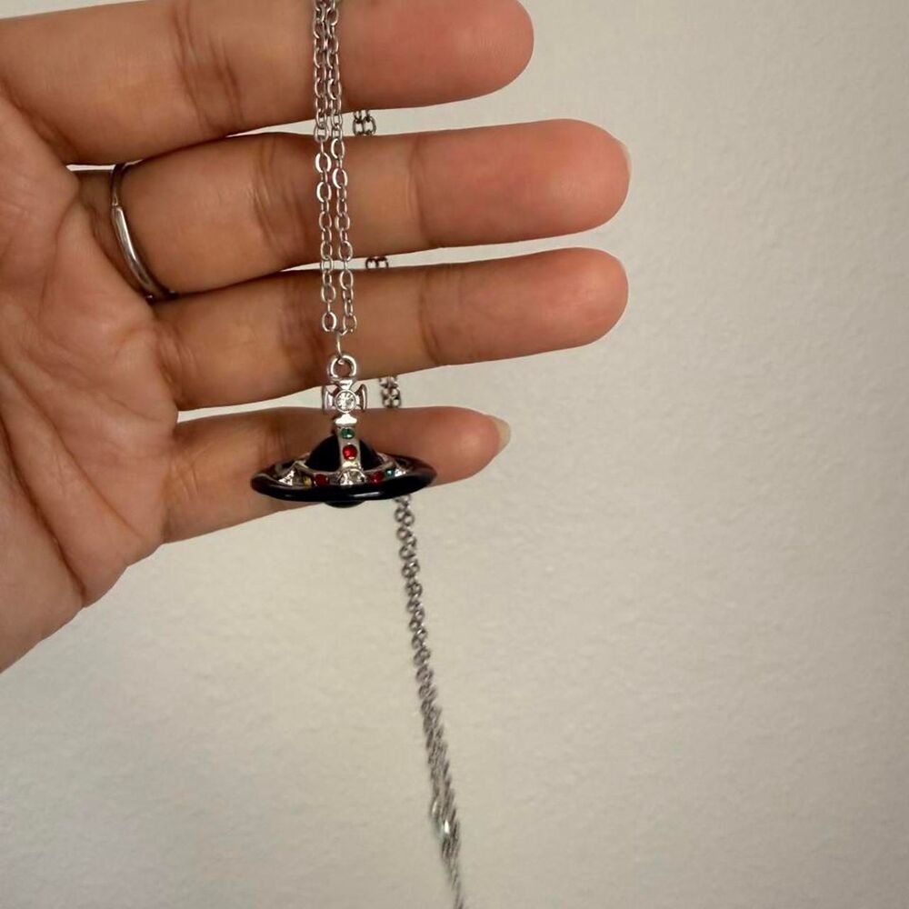 Black Saturn Pendant Necklace 🪐✨ Cubic Zirconia Spacecore Y2K Jewelry